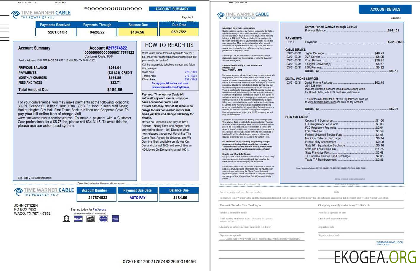 USA Time Warner Cabel utility bill, Word and PDF template, 3 pages 1 2